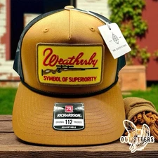 Retro Weatherby Firearms Embroidered Patch on Richardson 112 Rope Trucker Hat