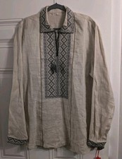 NWOT Ukrainian Men's Oatmeal Gray Tassle Embroidered Shirt Vyshuvanka Size XXL