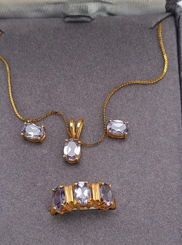 Gold Over .925 Silver Set Ring Necklace Earrings Blue Oval STones SZ 10