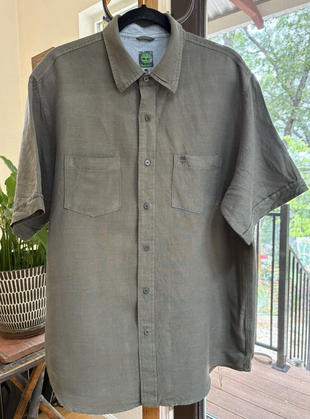 Timberland Shirt Men’s Sz Lrg Olive Green Linen/Rayon Short Sleeve Button Up