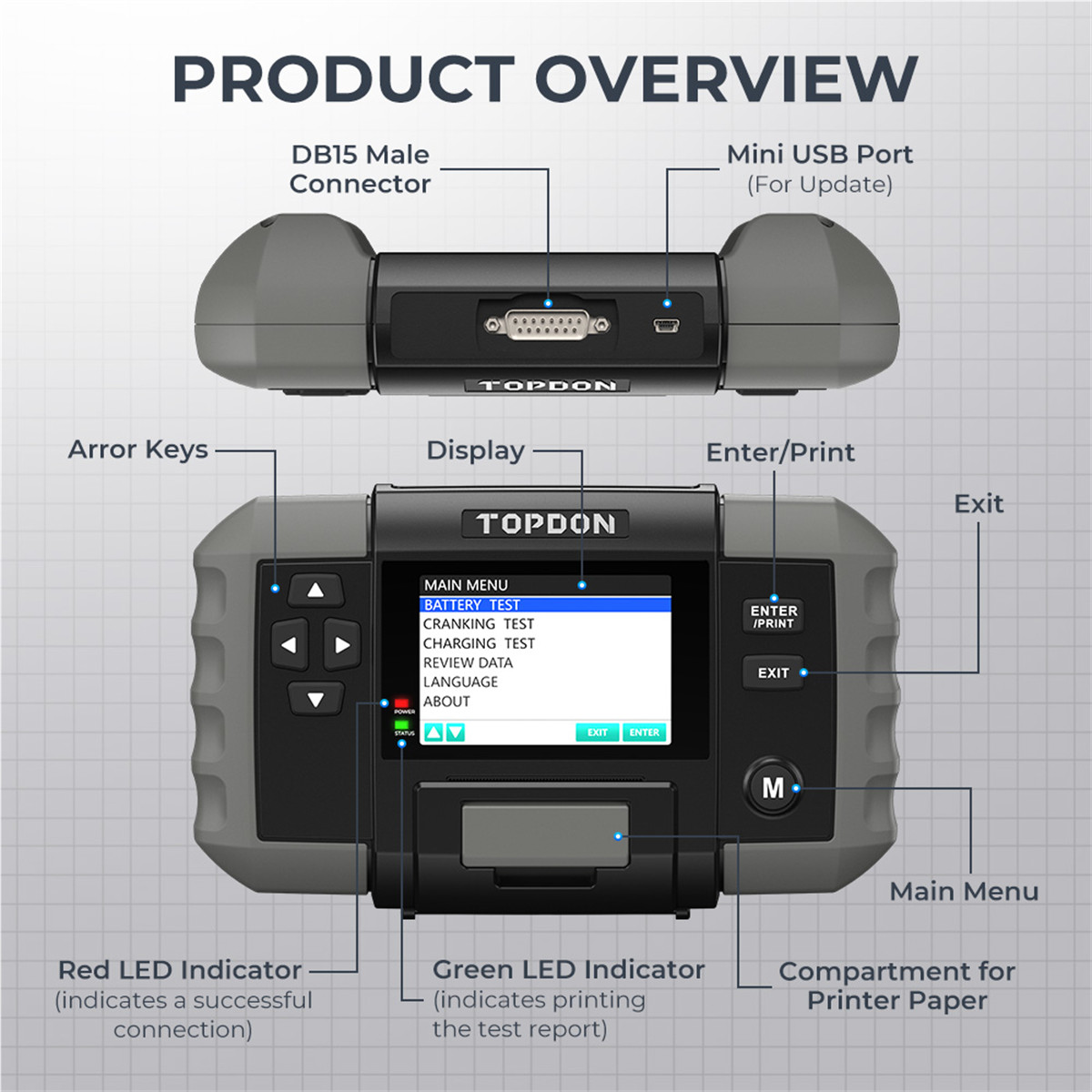 Topdon BT600 - 12V Battery & 12V/24V System Tester w/Built-in Printer