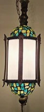 Vintage MCM Hanging Swag Brass White & Green Glass Chain Pendant Light Fixture