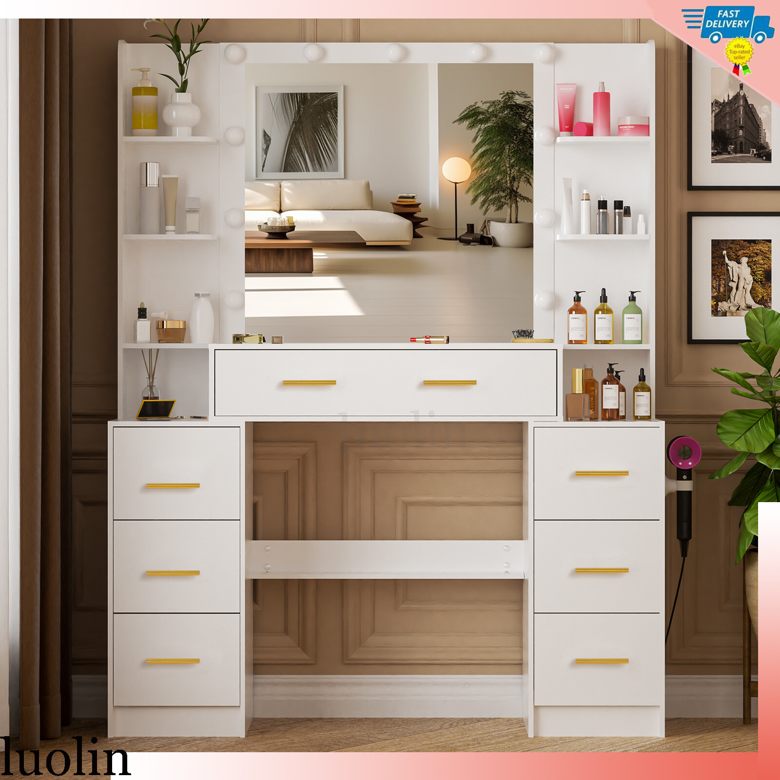 Vanity Makeup Dressing Table Set w/ 11 Led Lighted Mirror & 7 Drawers Bedroom