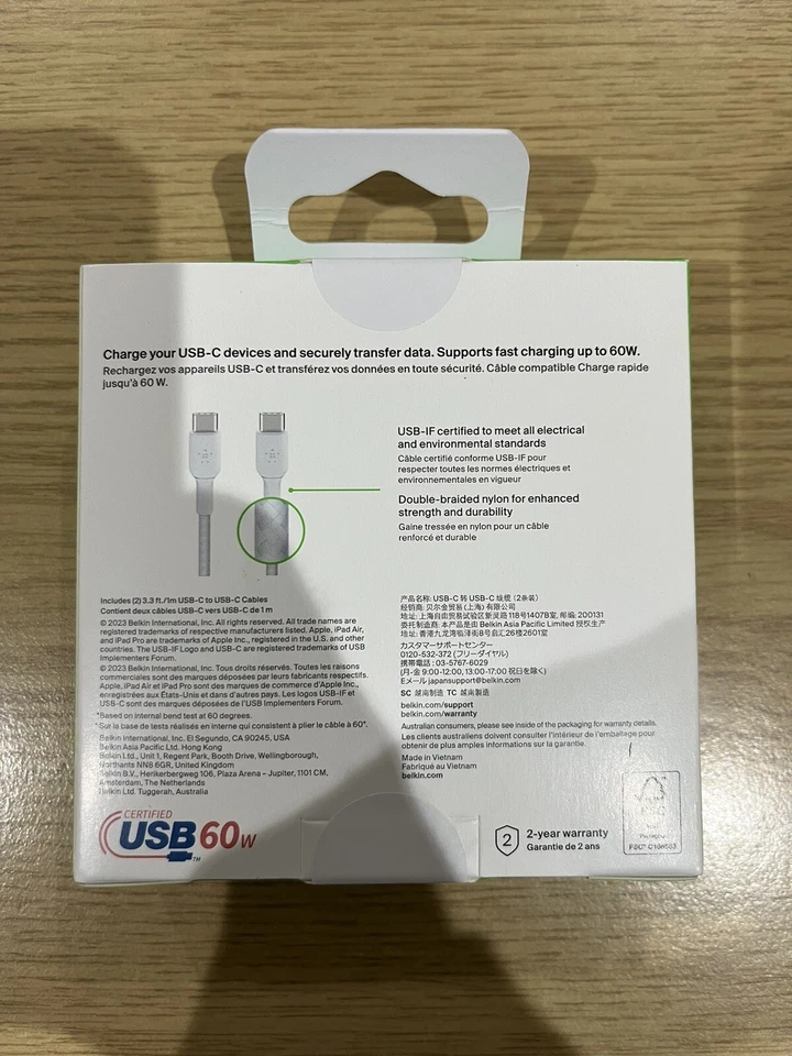Belkin USB C to USB C fast charger cable, USB type C 2 pack, 1 metre Cable - Image 2 of 3