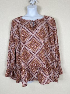 Absolutely Famous Women Plus Size 2X Pink Boho Geo Knit Tie Neck Top Long Sleeve