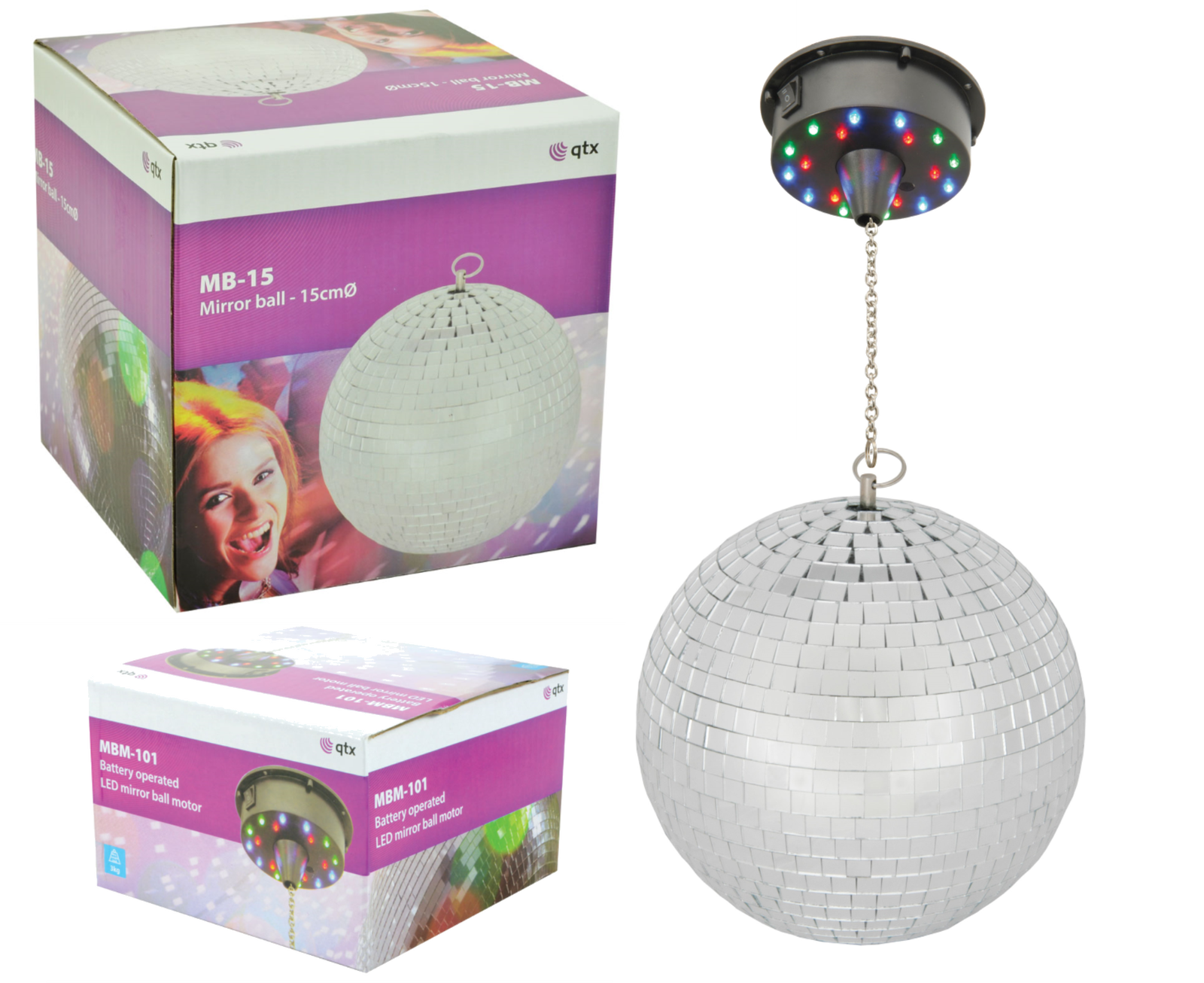 Rotating GLITTER Ball 15cm Mirror Ball Silver with DEL Light Motor for