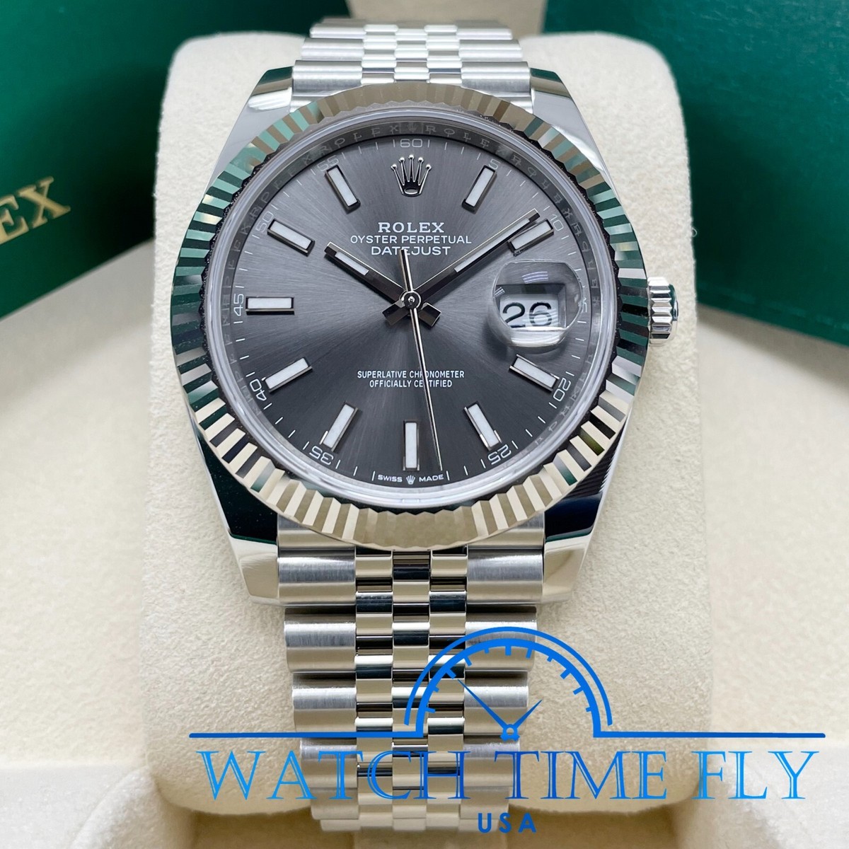 Rolex Datejust 41mm 126334 Fluted Bezel Rhodium Index Dial Jubilee