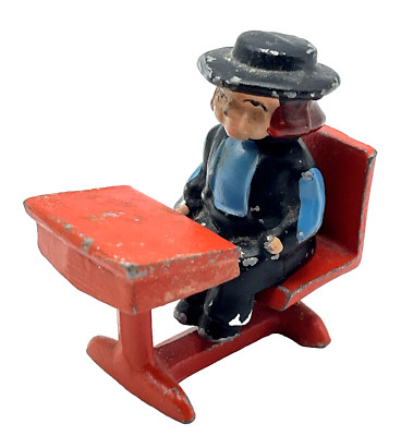 Vintage John Wright Cast Iron Miniatures Amish Boy at School Desk