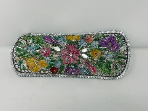 VTG 50s 60s Beaded Sequins Eyeglass Glasses Case Silver Flower Ladies Hand Made - Picture 2 of 7