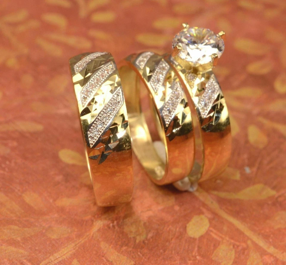 His & Her Trio Ring Set 2Ct Round Cut Created Diamond 14k Yellow Gold Plated - Image 2 of 4