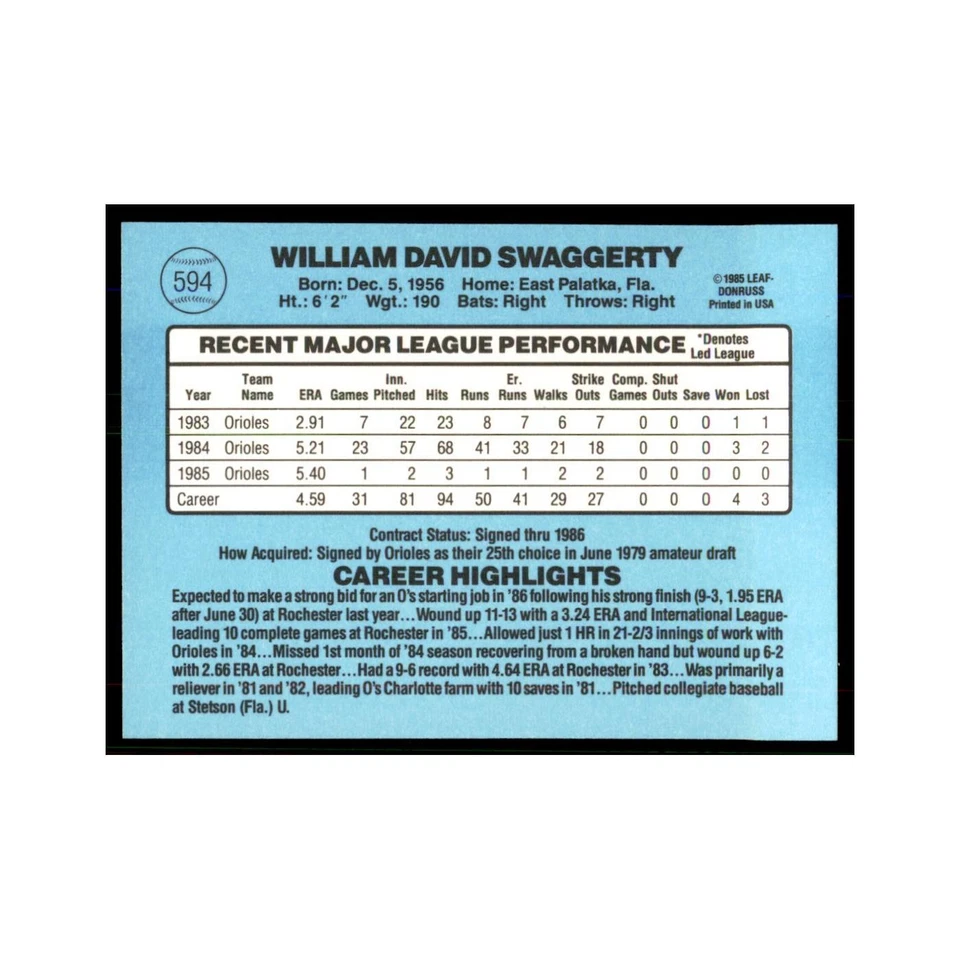 1986 Donruss Bill Swaggerty Orioles #594 - Image 2 of 3