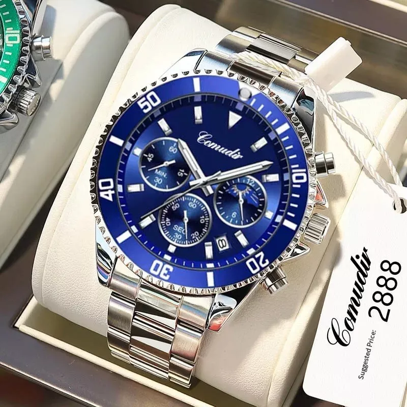 Silver watch with blue clearance face