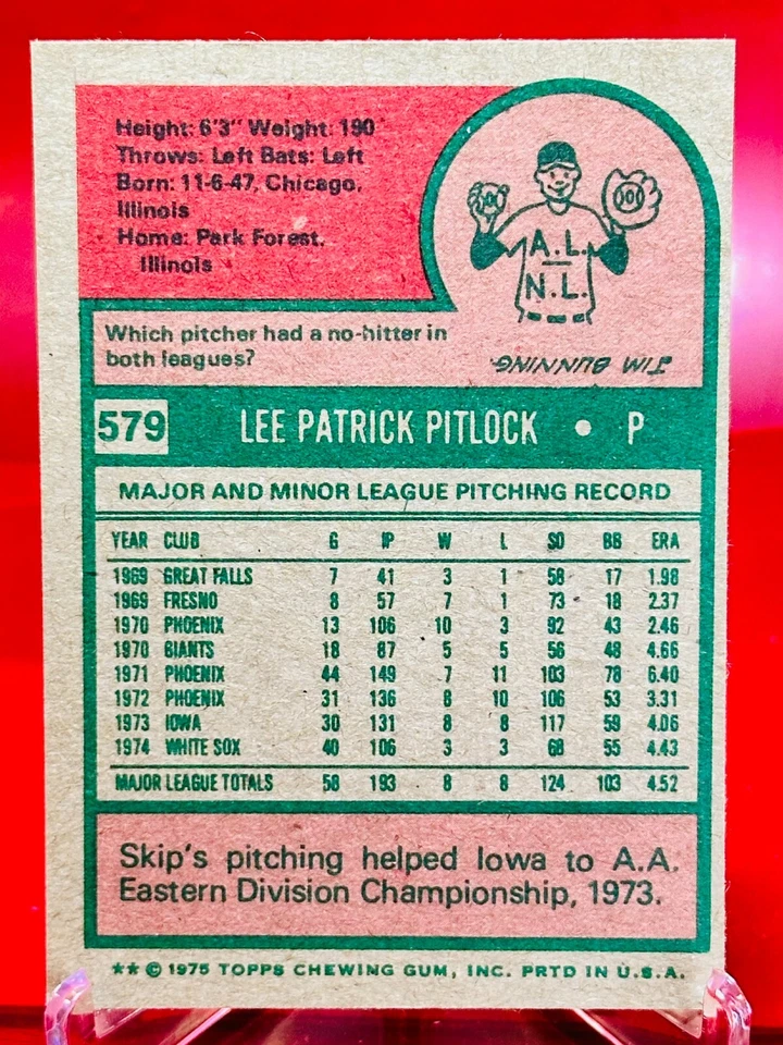 2024 Skip Pitlock Topps Heritage 1975 #579 50TH ANNIVERSARY BUYBACK! Top Loader - Image 2 of 2