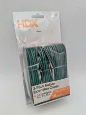 HDX 3-Pack Indoor Extension Cords 16 Gauge Polarized 6ft, 9ft, 15ft - Green