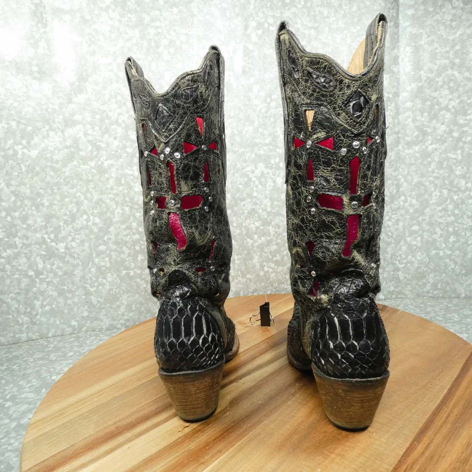 Corral Vintage Boots Womens 6.5M Black / Grey Python w Cross Trim Cutouts C2131 - Image 4 of 4