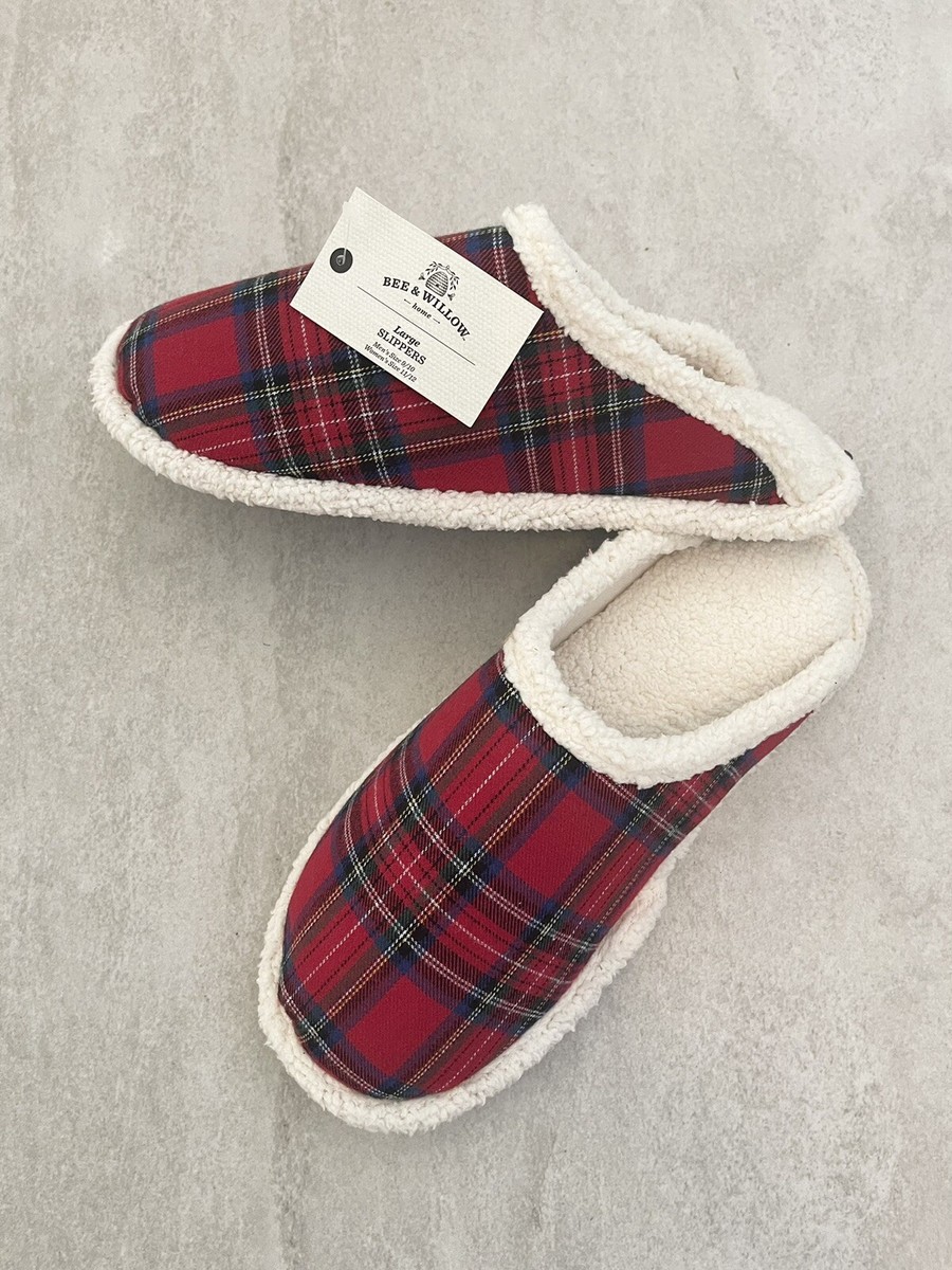 Christmas Slippers Men Sz 9/10 Sherpa Trimmed Red Plaid Memory Foam Bee  Willow