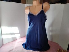 Vintage 60's Full Slip Dress Chemise European Navy Blue White Lace Large