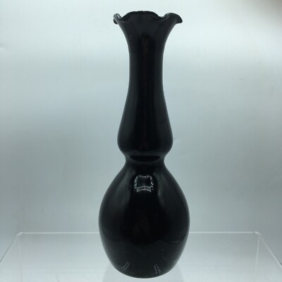 Vtg Black Amethyst Art Glass Bud Vase Ruffled Rim 7.5  Mcm