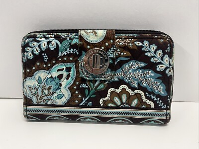VERA BRADLEY Brown Blue Teal & White Floral Quilted Tri-fold