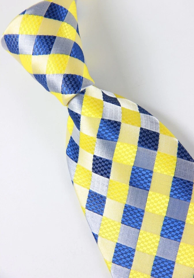 Juego de gemelos clásicos a cuadros azul amarillo tejido jacquard para hombre corbata pañuelo Foto 3 de 4
