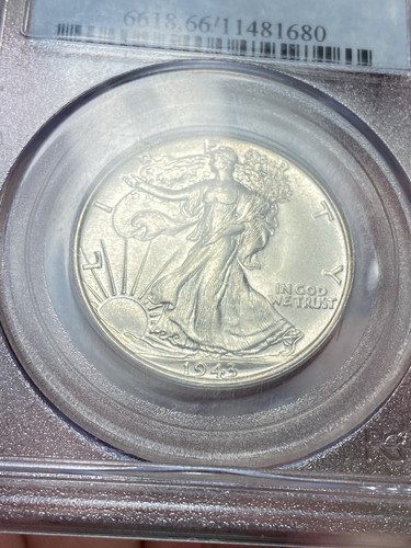Medio dólar Walking Liberty 1943-P graduación profesional MS 66 explosión moneda blanca soporte azul antiguo - Imagen 5 de 8