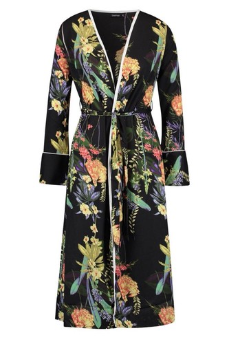 Boohoo Kimono Black Tropical Floral Belted Polyester Silk Robe Women’s M - Picture 4 of 6