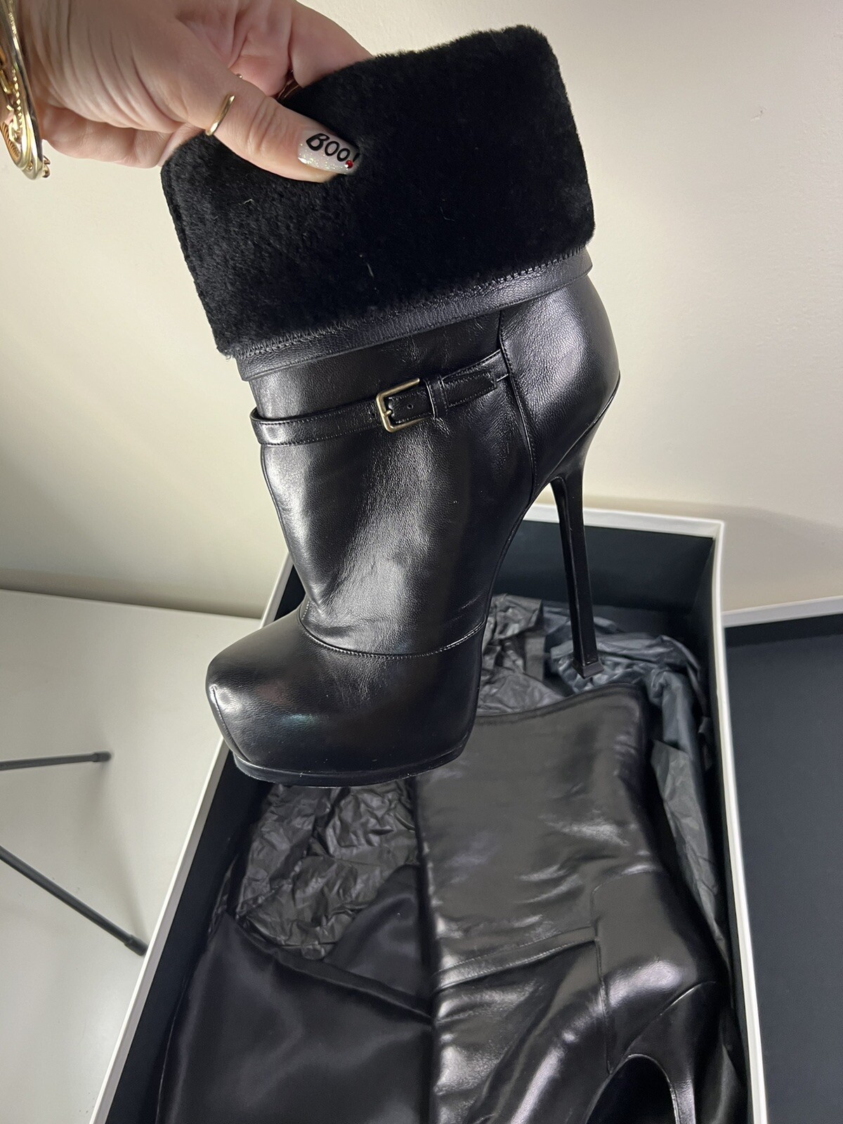 Stivali stiletto Yves Saint Laurent YSL Tribtoo in pelle nera plateau donna 37 5