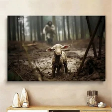 Jesus Running After Lost Lamb Picture Wall Art Canvas Print Christian Home Decor