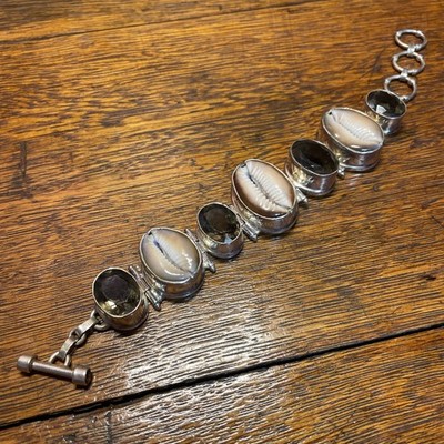 Vintage .925 Sterling Silver Cowrie Shell and Smoked Quartz Toggle Bracelet 9  