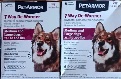 2 PETARMOR 7 WAY DE-WORMER DOGS 25.1-200LB TAPE ROUND HOOWORMS 6 X2 12 CHEWABLES