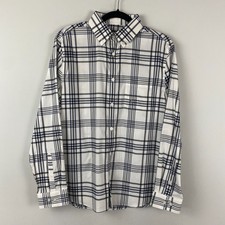 Express Stretch Button Up Shirt Mens M White Blue Plaid Long Sleeve Collared