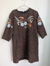 Zara Orange Black Tweed Floral 3/4 Sleeve Shift Dress Size L (T8)