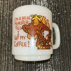 Vintage 70s Glasbake Milk Glass Coffee Mug 8 oz Cup Monster Before Coffee