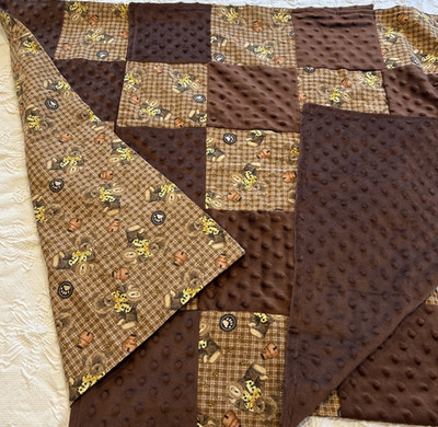 Vintage Patchwork Quilt Table Topper, Four Patch Squares Bears Brown 2 Blankets