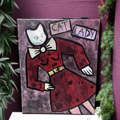 Original Painting Cat lady Canvas Creepy Doll Collage Kitty Ooak Collage Art