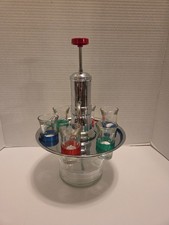 Vintage Art Deco Chrome Liquor Dispenser Pump & 6 Shot Glasses!