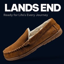 Lands' End Suede Moccasin Slippers Men Sz 8 Chestnut Brown Shearling Lining