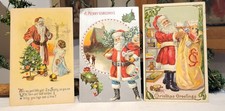 Santy with Girl, Santa with Tree in Dark, Santa packing Toys. Three Postcards