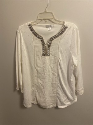 CJ Banks 1X Top White  V Neck  gold tan black Lightweight Long Sl Woman eyelet 