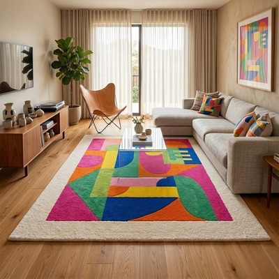 Hand Tufted Wool Rug Abstract Geometric Modern Multicolor Area Handmade Carpet