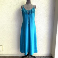 Vntg 80 Val Mode Slip Dress Sz M Teal Satin Shiny Lingerie Boudoir Nightgown USA