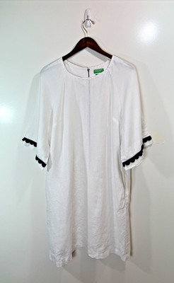 United Colors of Benetton Womens Linen Embroidered Shift Dress L Cottage Boho