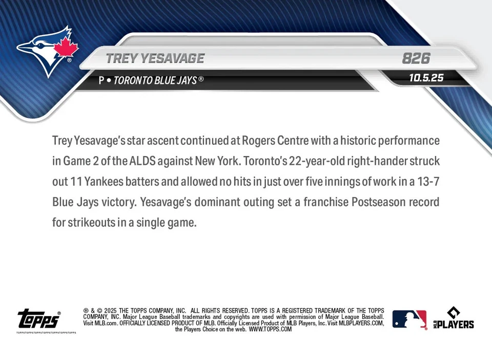 Tarjeta Trey Yesavage Blue Jays 2025 MLB Topps AHORA #862 11K Playoff Win PREVENTA Foto 2 de 2