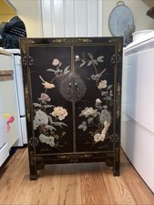 Antique Vintage Chinese Black Lacquer and Soapstone Console Cabinet