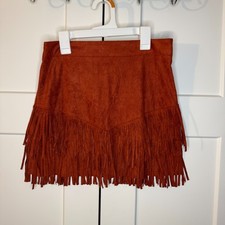 Shein Vcay Women's Faux Suede Rust Red Fringe Mini Skirt Size M New With Tags