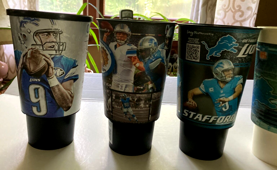 Lot of 6 NFL Detroit Lions Plastic Cups; Stafford, Johnson, Suh & Barry