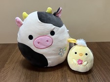 Squishmallow 8  Connor Cow Plush NWT Flower Clip On Triston Chick Set