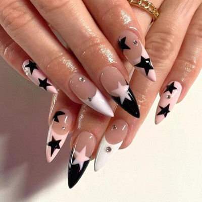 Medium Almond Fake Nails with Black White French Tips and Star Details