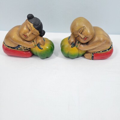 Vintage Asian Hand Painted/Wood Carved Man & Woman Sleeping on Melon 61723-3M1