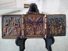 Antica Icona Ortodossa Russa  da viaggio San Nicola bronzo ottone smalti 15x5,5